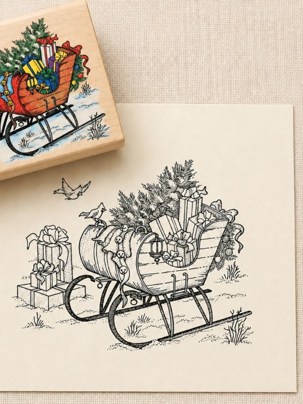 Stampendous Wooden Holiday Sleigh Stamp with Colorful Gifts 4x5” Vintage 1997